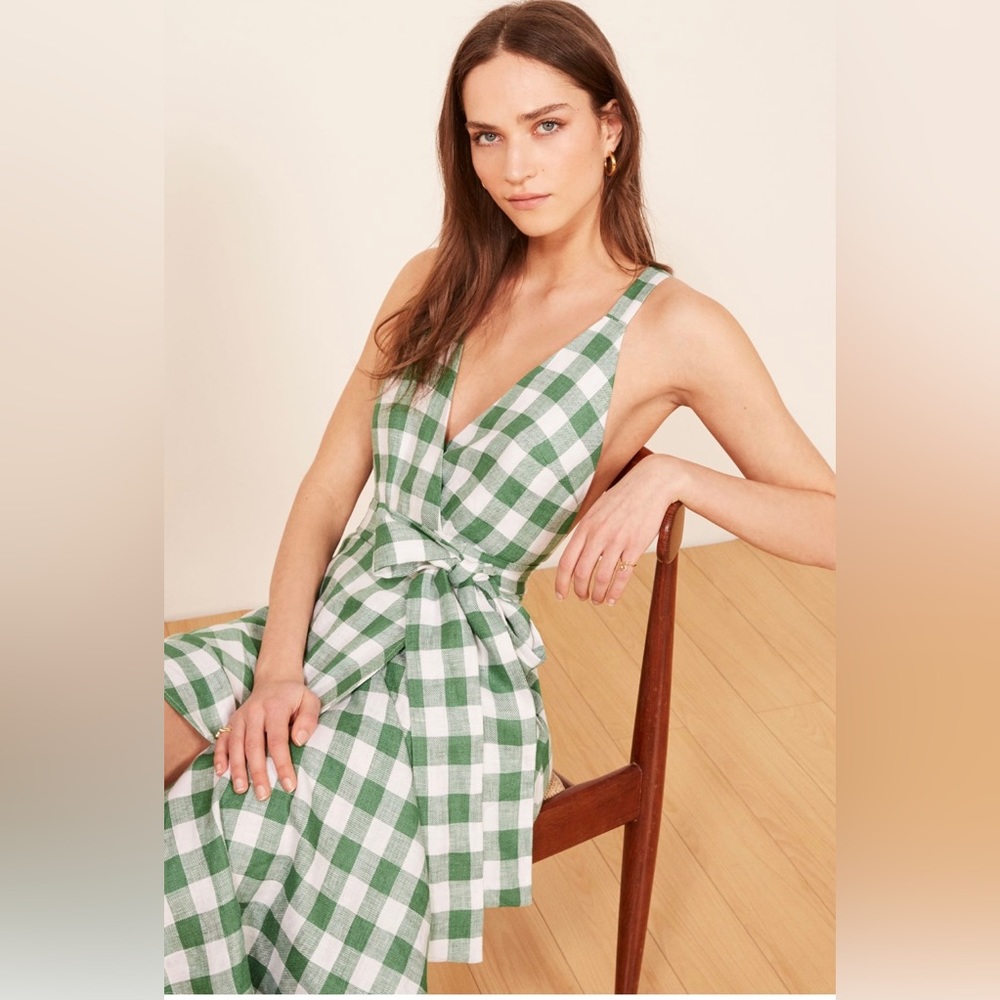 Reformation Green and White Sleeveless Sundress